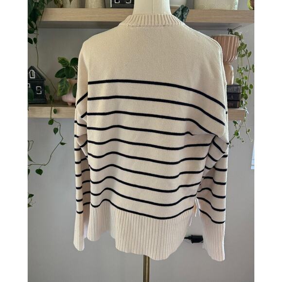 Zara Striped Knit Sweater Cream Black Relaxed Pullover Womens Small Preppy Chic - Picture 2 of 8
